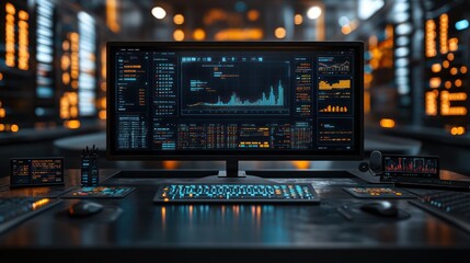 Futuristic Tech Dashboard:  Cyberpunk Workstation with Data Visualization