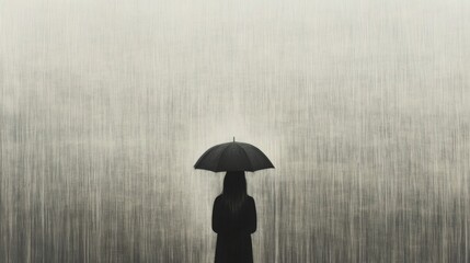 Solitary figure with umbrella in heavy rain.