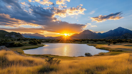 Obraz premium stunning sunset over serene lake, surrounded by mountains and golden grass