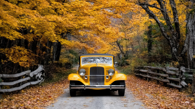 Fototapeta vintage car parked under canopy of autumn leaves, creating nostalgic scene