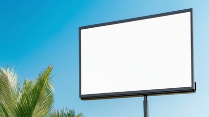 Obraz premium Empty Billboard Against Clear Blue Sky and Lush Green Palm Trees