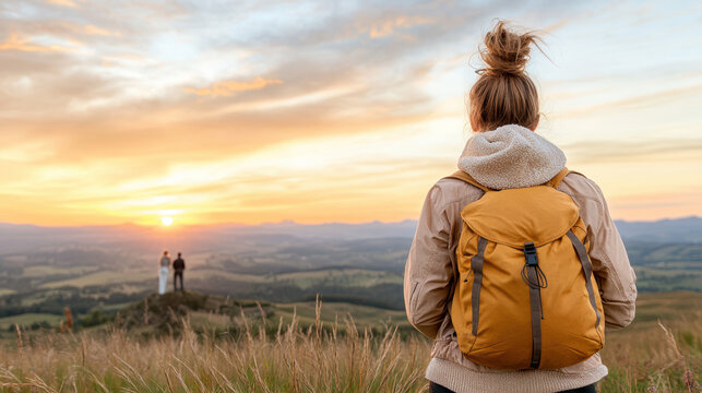 woman with backpack enjoys sunset view with couple in distance - Powered by Adobe