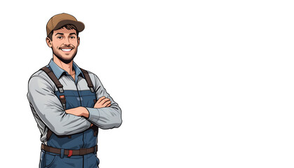 illustration, portrait of a smiling mechanic man standing on the left side with folded hands isolated on white background
