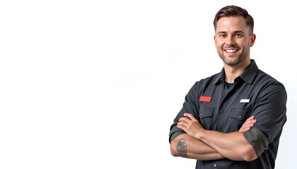 portrait of a smiling mechanic man standing on the left side with folded hands isolated on white background