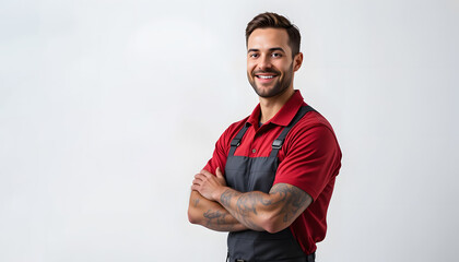 portrait of a smiling mechanic man standing on the left side with folded hands isolated on white background