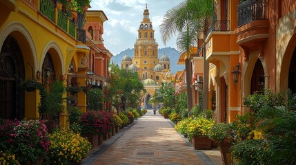 Fototapeta premium Colorful Spanish Architecture and Flowered Walkway Leading to Majestic Church