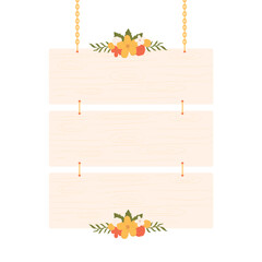 Hanging Sign Board with Flower Arrangement. Hanging Wooden Sign Illustration