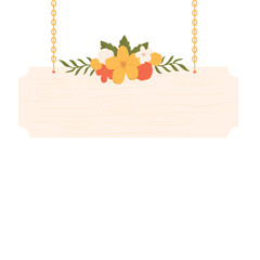 Hanging Sign Board with Flower Arrangement. Hanging Wooden Sign Illustration