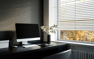 Obraz premium Minimalist modern office setup with a black desk computer and monitor on the table. The window has white blinds. 