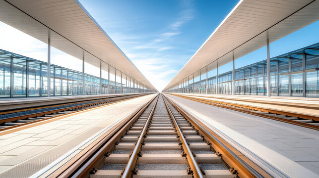 modern train station with parallel tracks extending into distance, showcasing clear blue sky