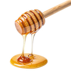 Dripping honey from a wooden dipper. on transparent cutout, PNG file