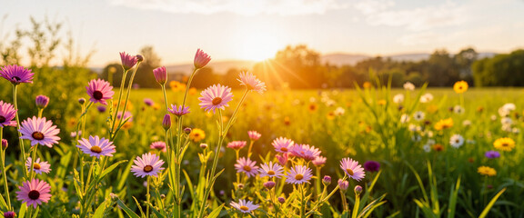 Fototapeta premium Vibrant spring flowers blooming in meadow at sunrise, natural beauty