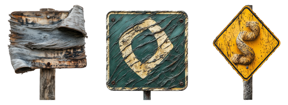 Weathered wooden and metal signs isolated on a transparent background