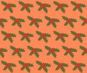 holly leaves and berries seamless pattern on flat stile Vector illustration