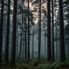 Naklejka premium Misty woods at dawn with tall pine trees.