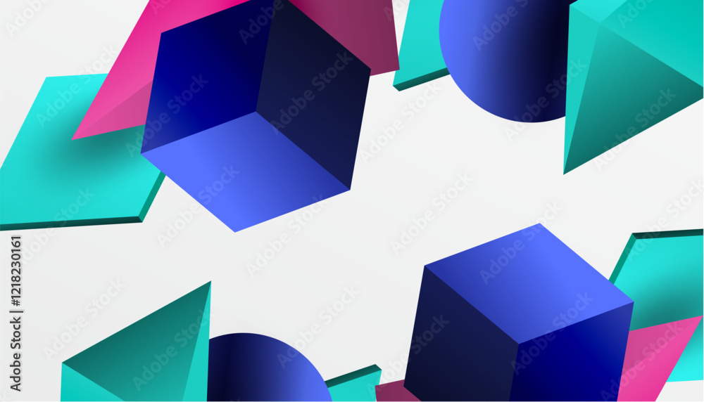 Poster abstract design showcasing isometric cubes, pyramids, squares, and spheres in a vibrant 3d layout. m