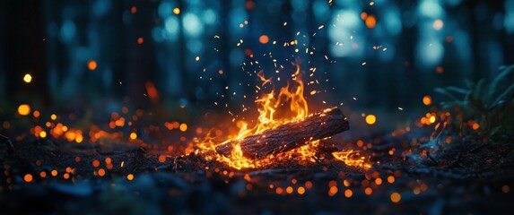 Fototapeta premium Campfire in Enchanting Forest: A mesmerizing campfire crackles and throws sparks into the night, casting an ethereal glow on the surrounding forest. The bokeh effect enhances the mystical atmosphere.
