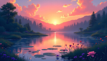 Fototapeta premium a tranquil lake reflecting the vibrant colors of a summer sunset, surrounded by trees and a calm, misty atmosphere