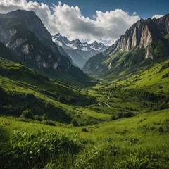 Naklejka premium A lush green valley surrounded by towering peaks.