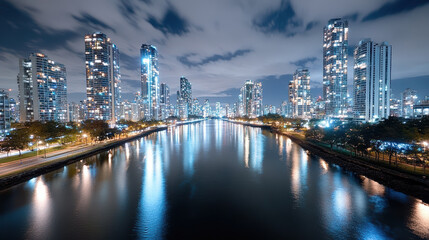 City skyline at night with reflections on calm river, showcasing urban beauty