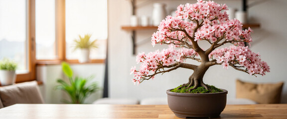 Fototapeta premium Elegant cherry blossom bonsai on wooden table, indoor decor