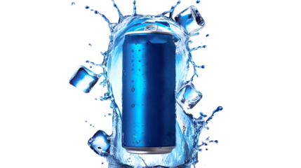 an ion supply drink, suspended amidst splashing water against a vibrant blue background. The can is in mid-air, surrounded by dynamic water splashes and ice cubes