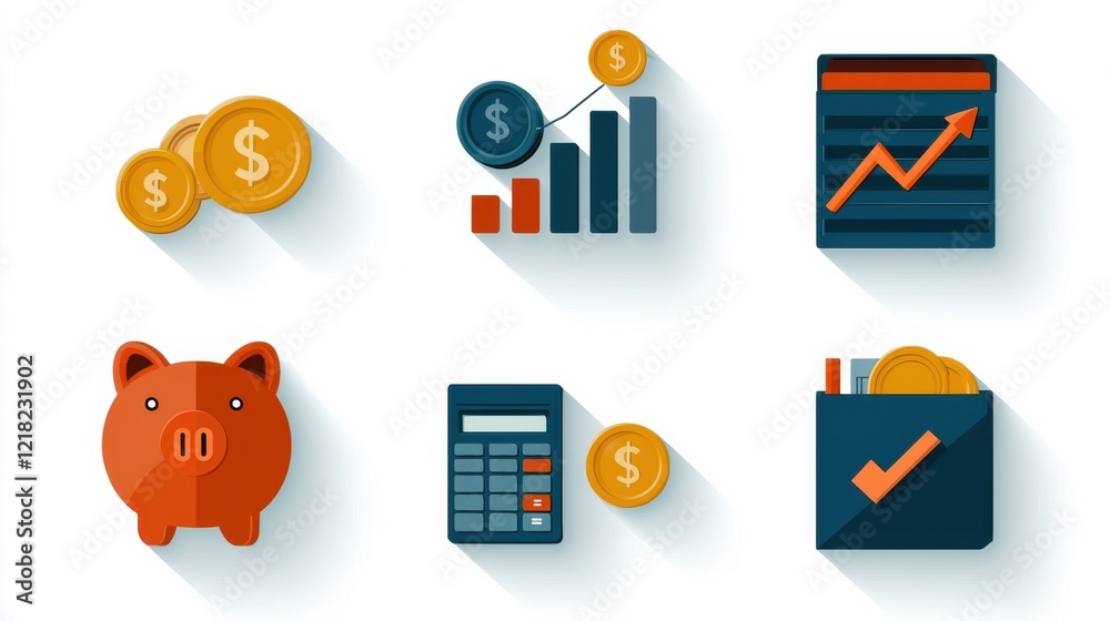 Poster maximize your savings a set of six financial planning icons featuring a piggy bank and bar graphs fo