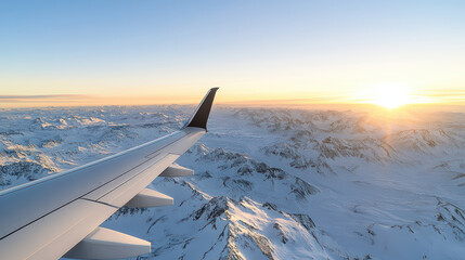 Obraz premium Aerial view of snow covered mountains at sunrise with airplane wing