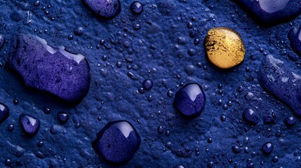 Abstract Blue and Gold Water Droplets on a Textured Surface