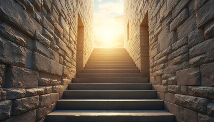 Obraz premium Ancient stone staircase leading to a castle in the sky