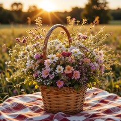 A vibrant bouquet of flowers bursts from a wicker basket, basking in golden sunlight against a serene field backdrop.