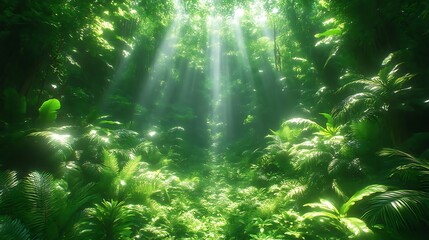 Obraz premium Lush Green Tropical Rainforest Sunlight Beams