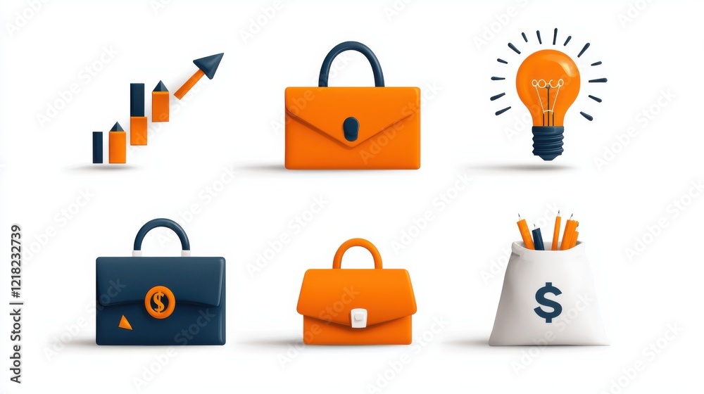 Poster Showcasing business icons briefcase bar chart and more in a creative visual environment for enhanced corporate communication