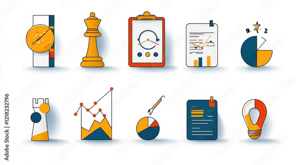Poster strategic planning overview using business icons chess pieces clipboards and bar graphs for effectiv