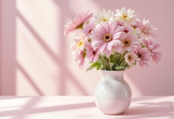 A cheerful bouquet of flowers in soft pinks and whites brightens a serene space, symbolizing joy and tranquility.