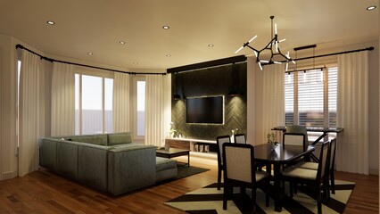 This high-quality 3D rendering is ideal for illustrating interior design proposals, architectural presentations, and lifestyle content related to home living and social spaces.