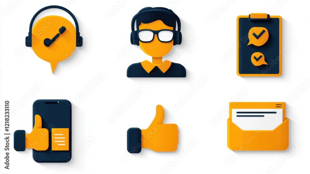 Poster enhancing customer support experience with six communication icons headset chat bubble phone and mor
