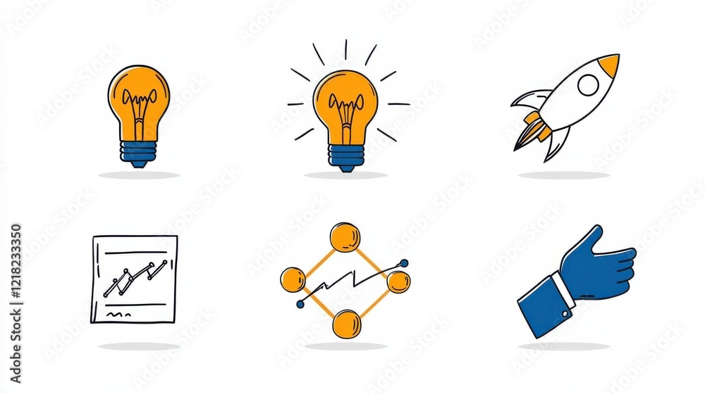 Poster showcasing innovation icons lightbulb gear atom and rocket in a dynamic business environment for cre
