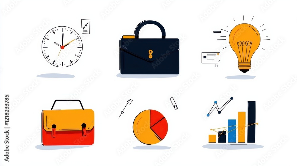Poster streamlined business essentials six minimalist icons including briefcase clock and chart for profess