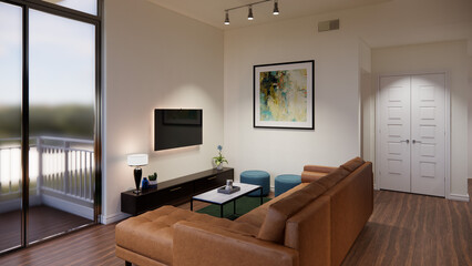 This high-quality 3D rendering is ideal for illustrating interior design proposals, architectural presentations, and lifestyle content related to home living and social spaces.