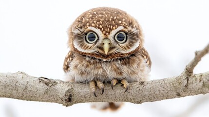 Naklejka premium Adorable little owl perched on a branch against a white background.