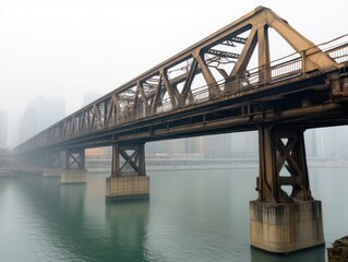 Industrial bridge crossing waterway urban cityscape photography foggy environment low angle view urban decay concept