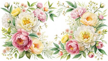 A Delicate Watercolor Composition Featuring a Bountiful Arrangement of Pastel Peonies and Assorted Spring Blossoms, Ideal for Elegant Invitations or Decorative Prints