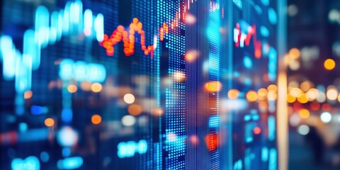 Financial Market Data Display: A vibrant display of financial market data, showing dynamic stock market charts and numbers in a futuristic digital setting, with blurred city lights in the background.
