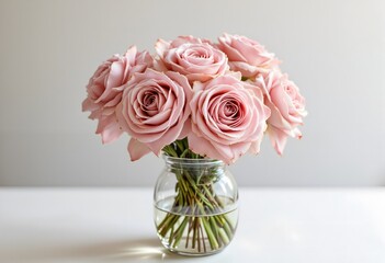 Obraz premium A charming bouquet of flowers featuring soft pink roses, evoking a romantic and tranquil mood on a bright surface.