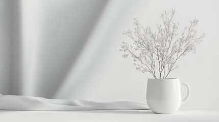 Minimalist White Mug with Dried Flowers and Soft Light