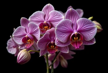 Obraz premium A vibrant bouquet of flowers featuring stunning purple orchids, evoking elegance and grace against a dark background.