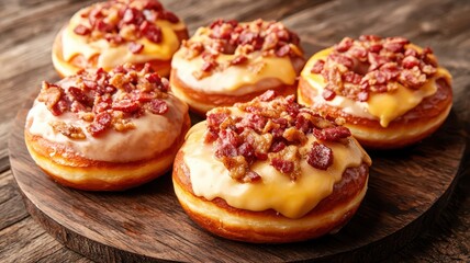Delicious donuts topped with bacon and creamy frosting on a wooden platter. Delicious gourmet snack.