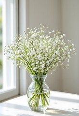 A delicate bouquet of flowers showcases tiny white blooms, exuding a fresh, serene vibe in soft daylight by the window.