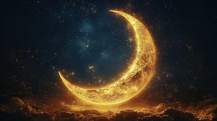 Obraz premium Celestial Crescent Moon Glowing in Starry Night Sky with Clouds Below 82